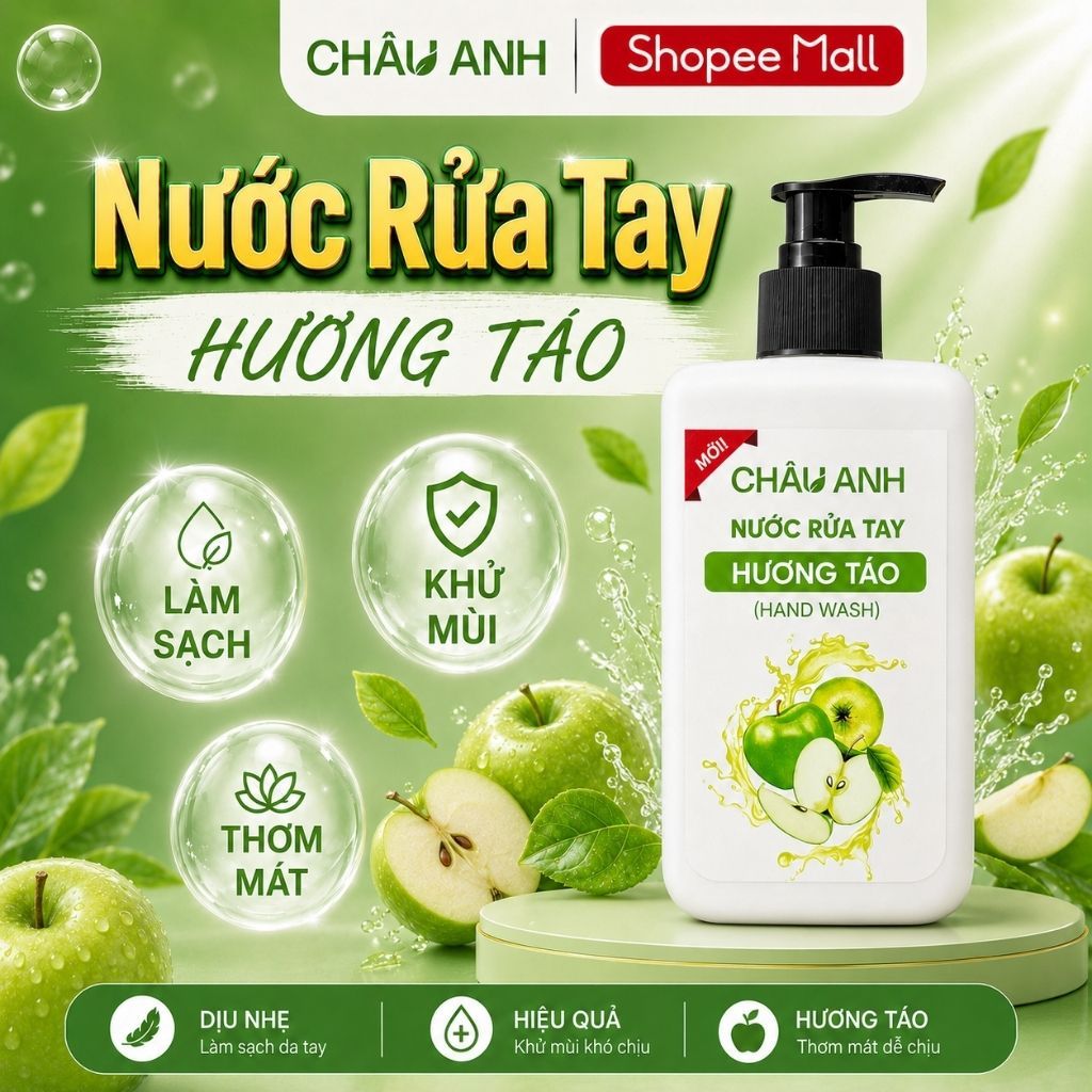 Nước Rửa Tay CHÂU ANH Hương Táo, Gel Làm Sạch Da Tay Khử Khuẩn, Dưỡng Ẩm Da Tay, Dùng Cho Gia Đình Quán Ăn Chai 300g