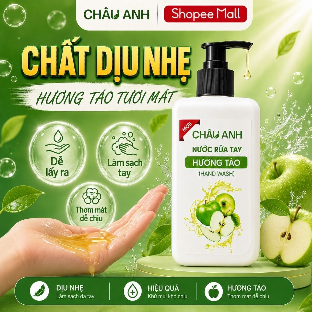 Nước Rửa Tay CHÂU ANH Hương Táo, Gel Làm Sạch Da Tay Khử Khuẩn, Dưỡng Ẩm Da Tay, Dùng Cho Gia Đình Quán Ăn Chai 300g