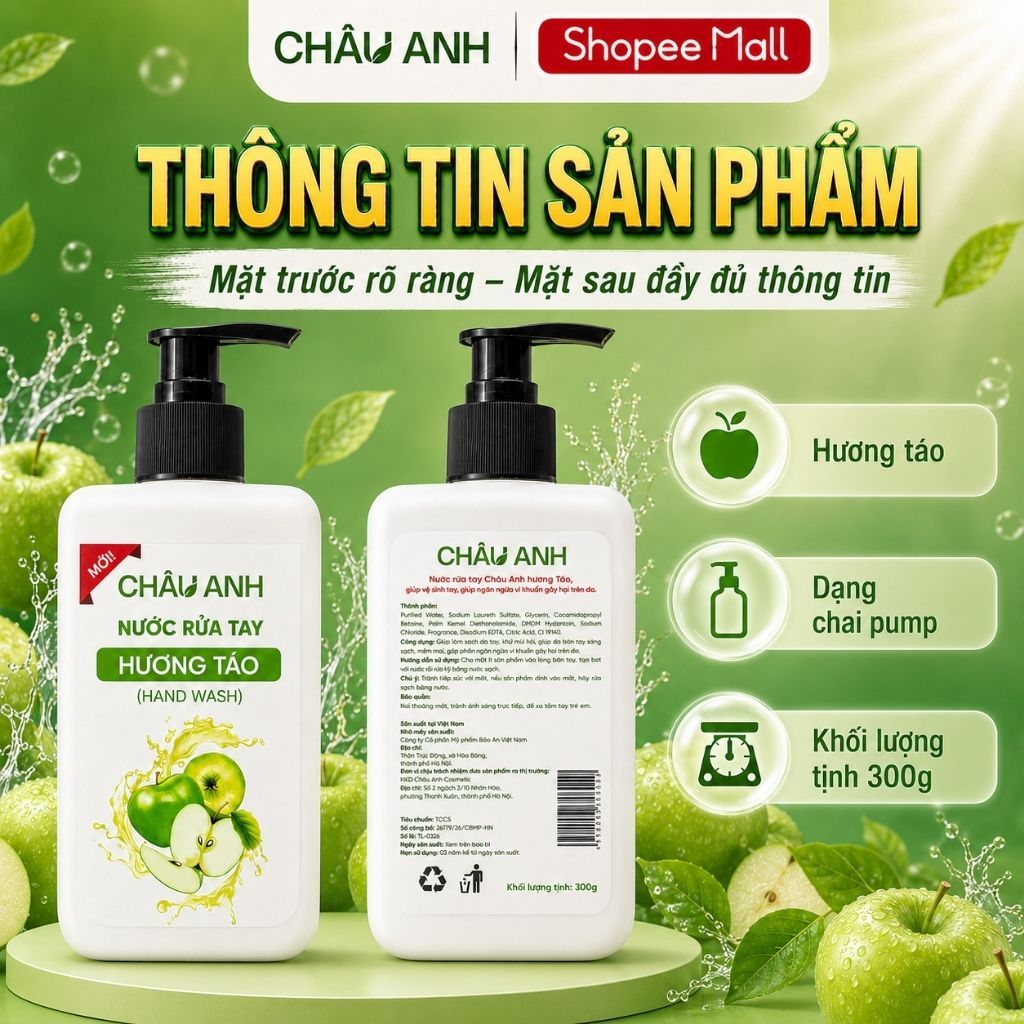 Nước Rửa Tay CHÂU ANH Hương Táo, Gel Làm Sạch Da Tay Khử Khuẩn, Dưỡng Ẩm Da Tay, Dùng Cho Gia Đình Quán Ăn Chai 300g