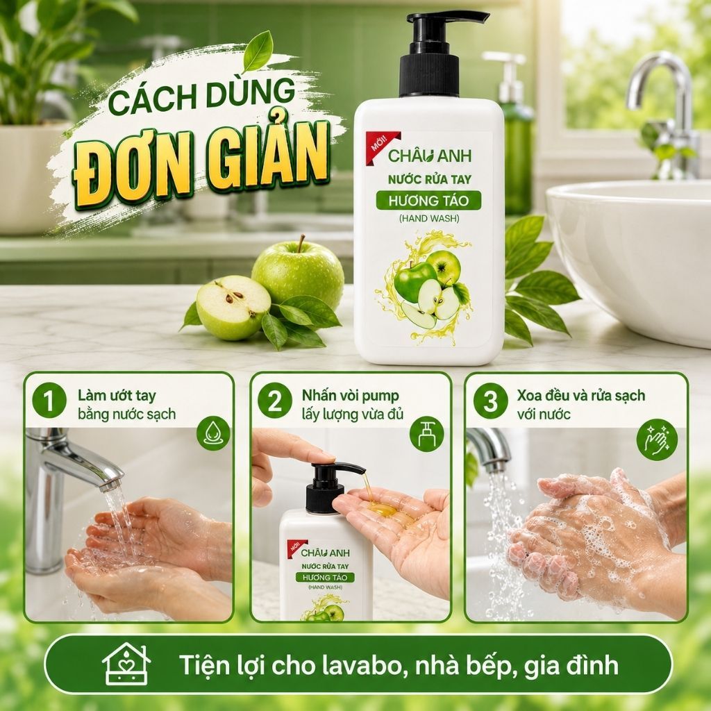 Nước Rửa Tay CHÂU ANH Hương Táo, Gel Làm Sạch Da Tay Khử Khuẩn, Dưỡng Ẩm Da Tay, Dùng Cho Gia Đình Quán Ăn Chai 300g