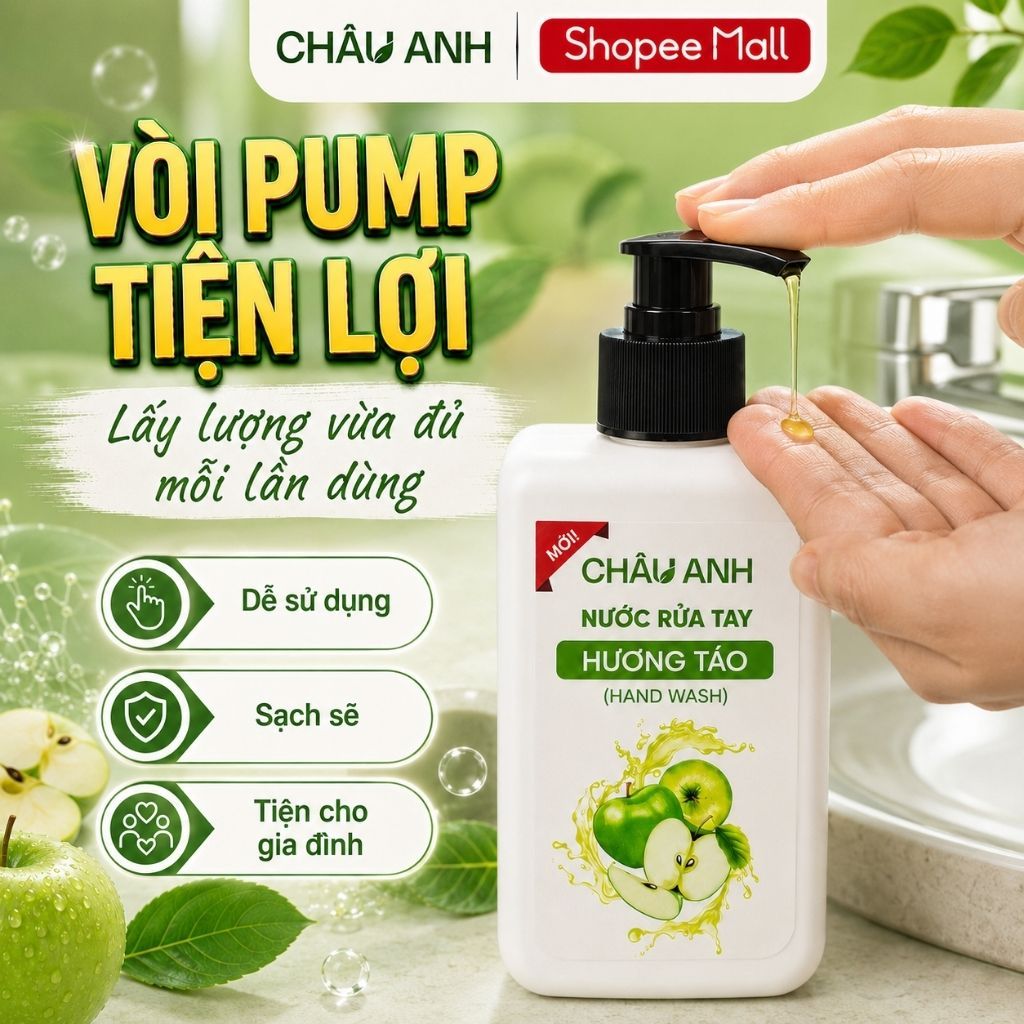 Nước Rửa Tay CHÂU ANH Hương Táo, Gel Làm Sạch Da Tay Khử Khuẩn, Dưỡng Ẩm Da Tay, Dùng Cho Gia Đình Quán Ăn Chai 300g