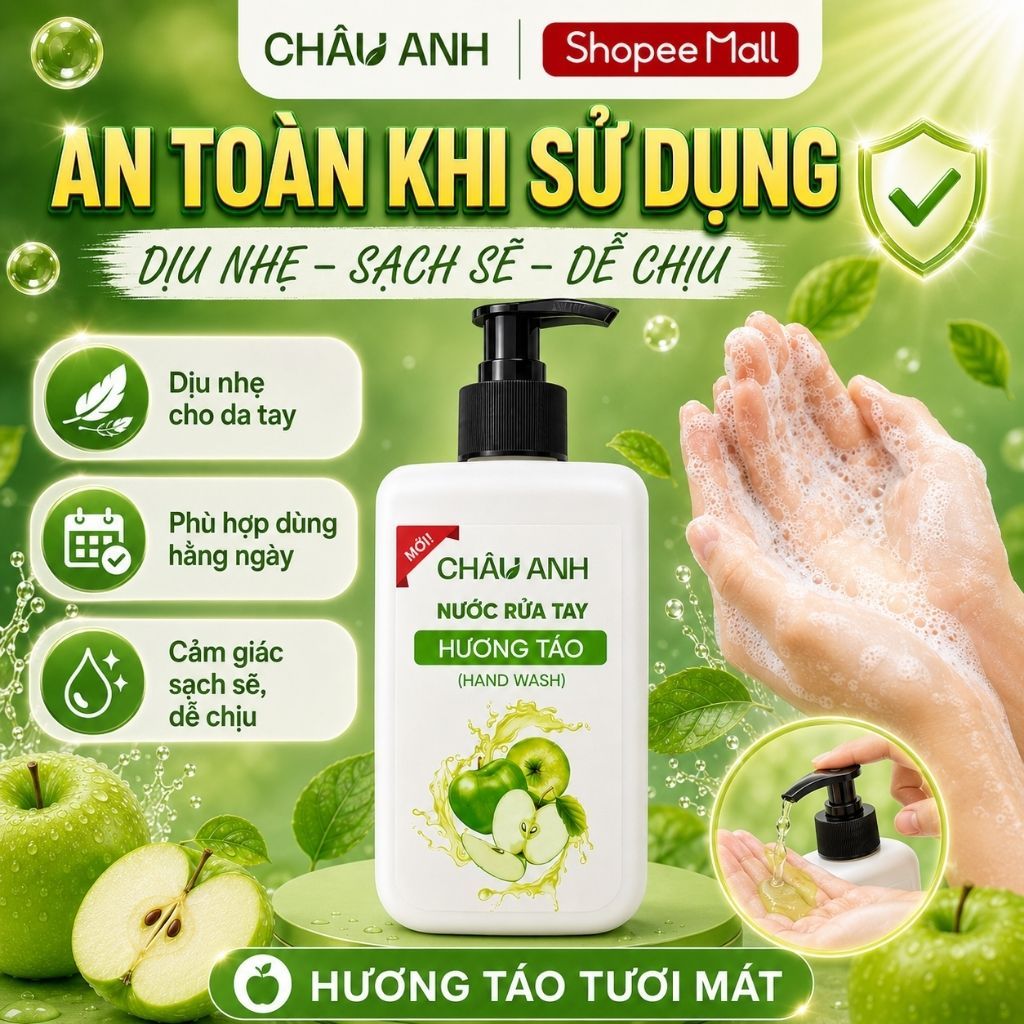 Nước Rửa Tay CHÂU ANH Hương Táo, Gel Làm Sạch Da Tay Khử Khuẩn, Dưỡng Ẩm Da Tay, Dùng Cho Gia Đình Quán Ăn Chai 300g