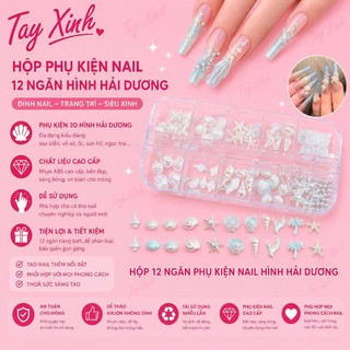 Hộp Phụ Kiện Nail 12 Ngăn Hình Hải Dương Aurora Trắng CTH-209 - Vỏ Sò, Sao Biển, Ngọc Trai Đính Móng Cao Cấp