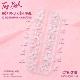 Hộp Phụ Kiện Nail 12 Ngăn Hình Hải Dương Aurora Trắng CTH-209 - Vỏ Sò, Sao Biển, Ngọc Trai Đính Móng Cao Cấp
