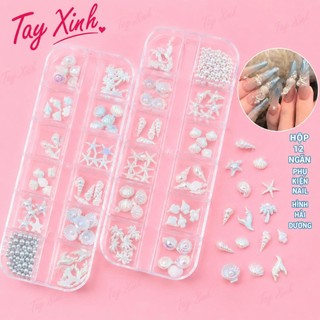 Hộp Phụ Kiện Nail 12 Ngăn Hình Hải Dương Aurora Trắng CTH-209 - Vỏ Sò, Sao Biển, Ngọc Trai Đính Móng Cao Cấp
