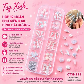 Hộp Phụ Kiện Nail 12 Ngăn Hình Hải Dương Aurora Trắng CTH-209 - Vỏ Sò, Sao Biển, Ngọc Trai Đính Móng Cao Cấp