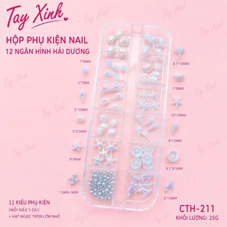 Hộp Phụ Kiện Nail 12 Ngăn Hình Hải Dương Aurora Trắng CTH-209 - Vỏ Sò, Sao Biển, Ngọc Trai Đính Móng Cao Cấp