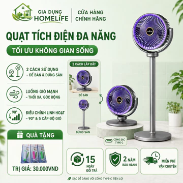 Quạt Tích Điện Để Bàn/Đứng Sàn 2 Trong 1, Sạc Type-C, 5 Cấp Độ Gió, Xoay Linh Hoạt 90°, Luồng Gió 3D Mạnh Mẽ