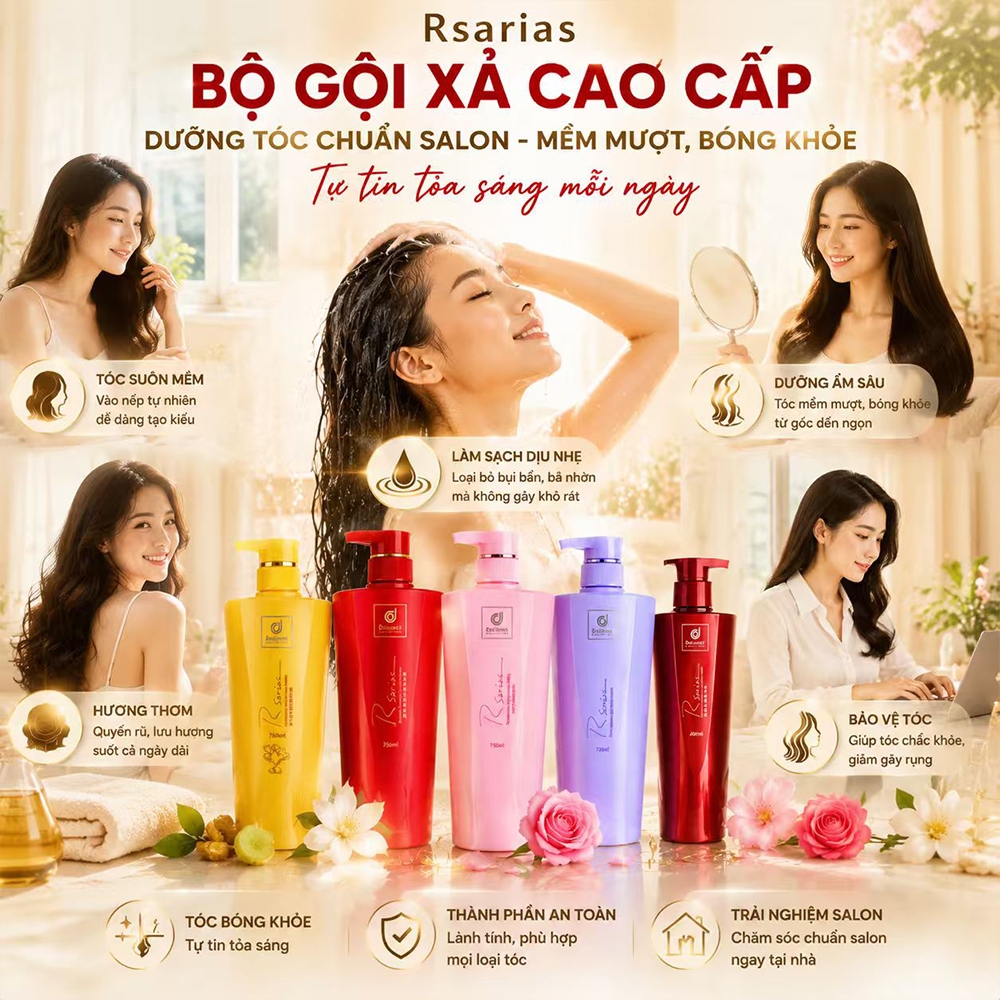 Rsarias Dầu gội chính hãng, làm sạch sâu cho tóc, giảm gàu và dầu thừa, giúp mái tóc bóng mượt, mềm mại và bồng bềnh