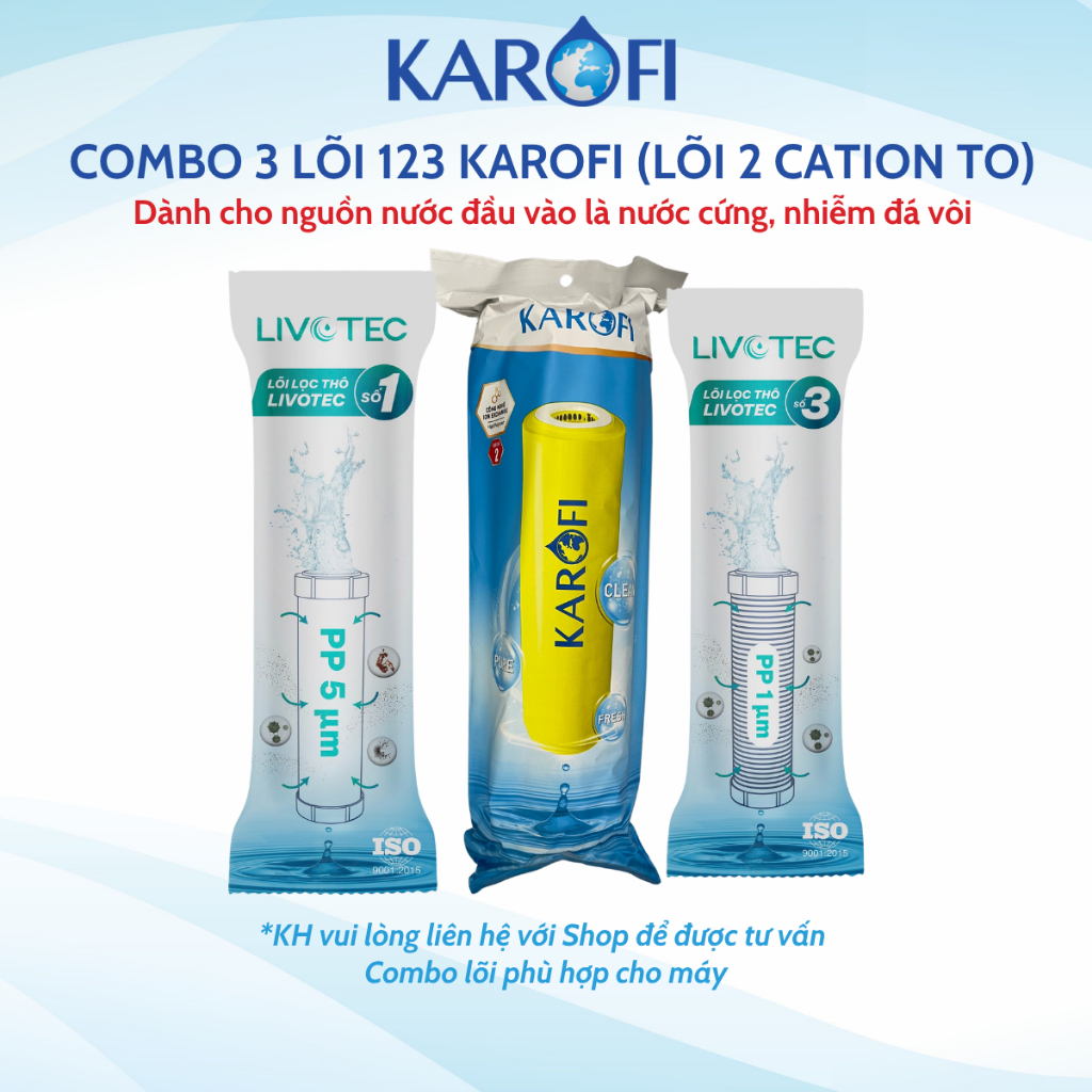 Bộ 3 lõi lọc thô 123 SMAX DUO Karofi với lõi 2 Cation to dành cho lọc nước giếng, làm mềm nước cứng, bảo vệ màng RO