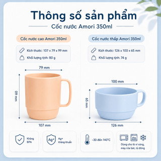 Cốc Nước  Amori Inochi 350ml Nhựa PP Không BPA Kháng Khuẩn Ag+ Chịu Nhiệt Tốt An Toàn