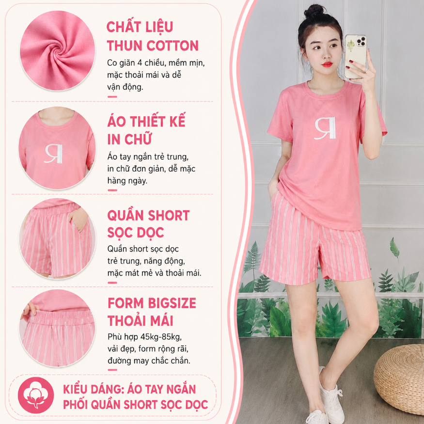 Đồ Bộ Nữ Mặc Nhà ESHOP Bigsize 43-85kg Thun Cotton Co Giãn, Áo Tay Ngắn Chữ Thêu Phối Quần Đùi Sọc