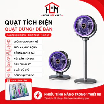 Quạt Tích Điện Đa Năng Đứng Sàn/Để Bàn, 3 Mức Chiều Cao, 5 Cấp Độ Gió, Sạc Type-C, Xoay Linh Hoạt, Gió Mạnh Êm Ái