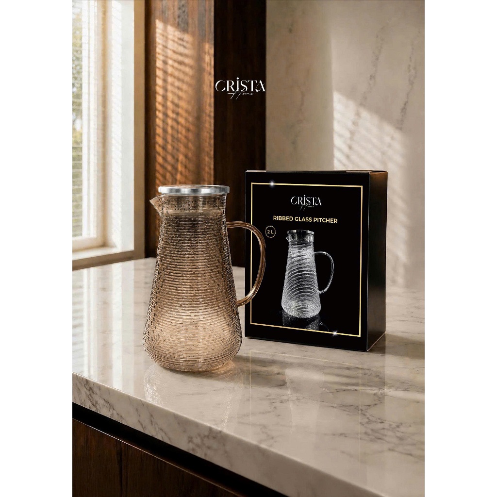 Bình Thủy Tinh Chịu Nhiệt 2L Crista Home Vân Ngang Có Nắp Inox 304 | Bình Pha Trà Detox Nóng Lạnh 60279