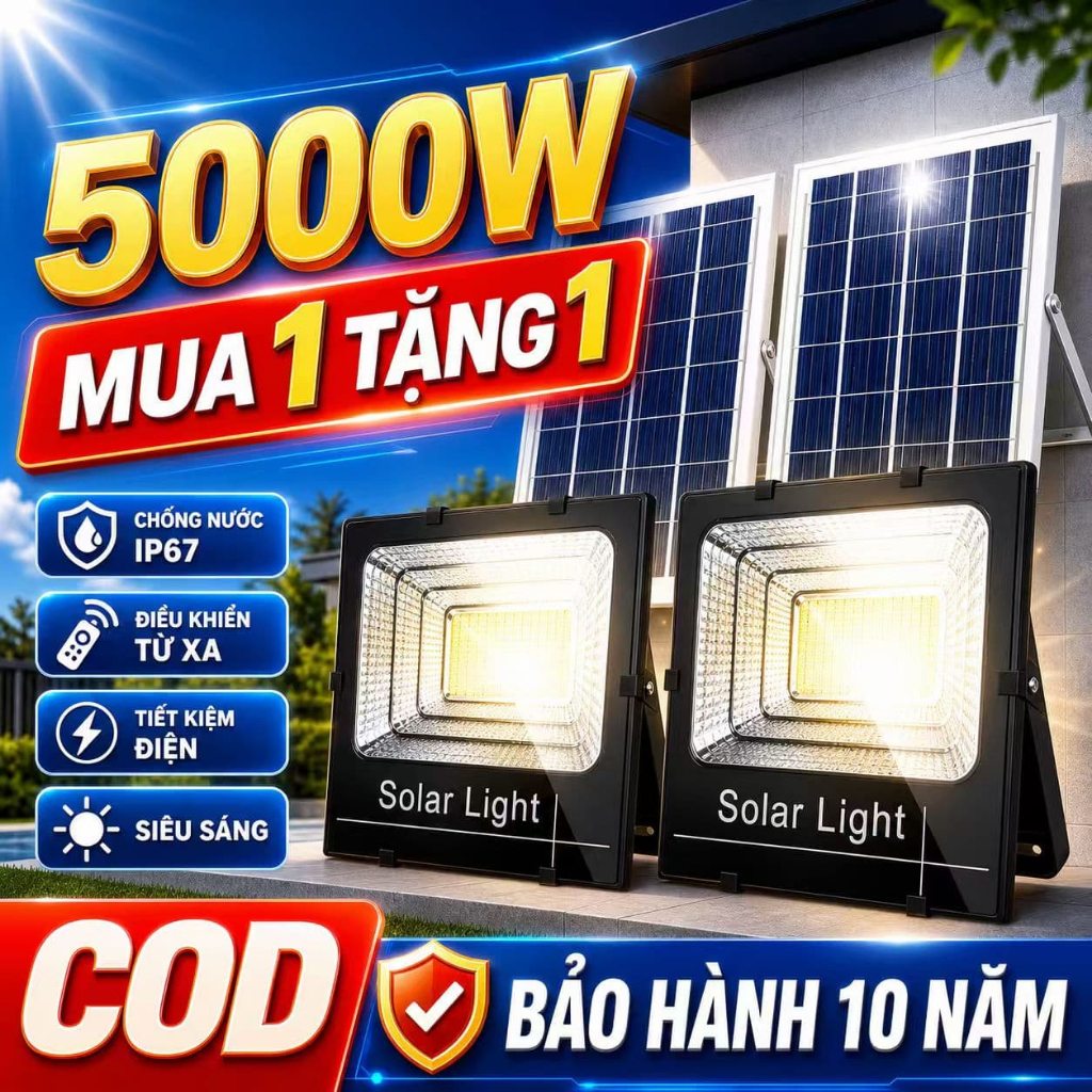 Mua 1 tặng 1 Đèn LED năng lượng mặt trời chống nước dùng ngoài trời Kèm điều khiển từ xa và tính năng thông minh