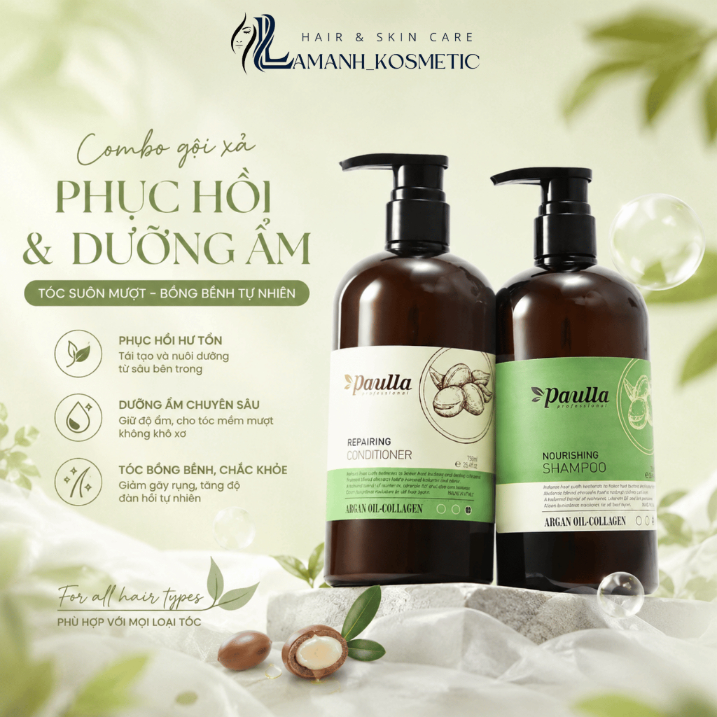 Combo Dầu Gội Xả PAULLA 750ml | Hỗ Trợ Sạch Gàu Dầu, Dưỡng Tóc Mềm Mượt.