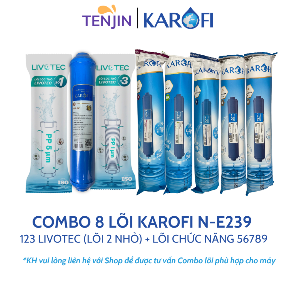 Combo 9 Lõi Lọc Nước Karofi Dùng Cho Máy B930, N-E239...Sử Dụng Livotec (Lõi 2 Nhỏ), RO Mỹ, 56789 Karofi....