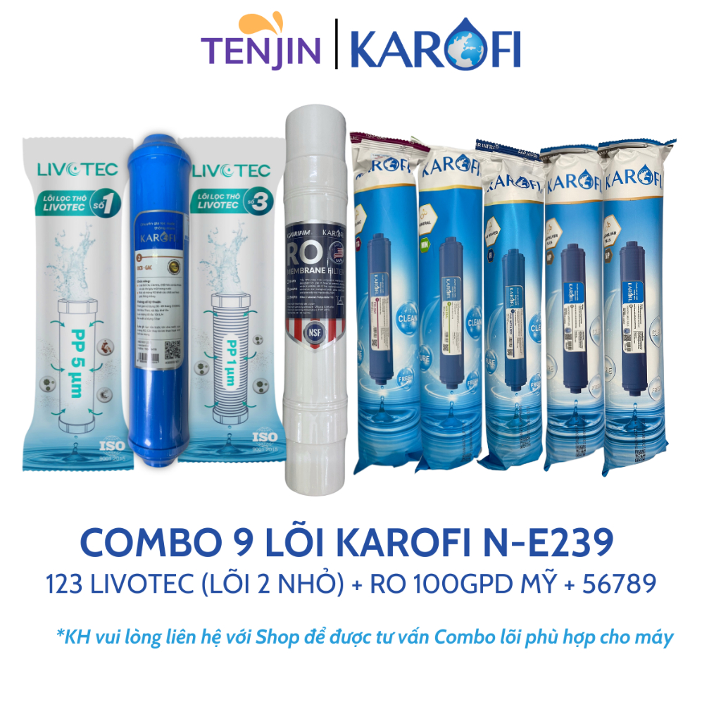 Combo 9 Lõi Lọc Nước Karofi Dùng Cho Máy B930, N-E239...Sử Dụng Livotec (Lõi 2 Nhỏ), RO Mỹ, 56789 Karofi....
