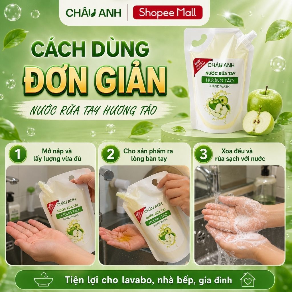 Nước Rửa Tay CHÂU ANH Hương Trà Xanh, Gel Làm Sạch Da Tay Khử Khuẩn, An Toàn, Dùng Cho Nhà Hàng Quán Ăn Túi 500g