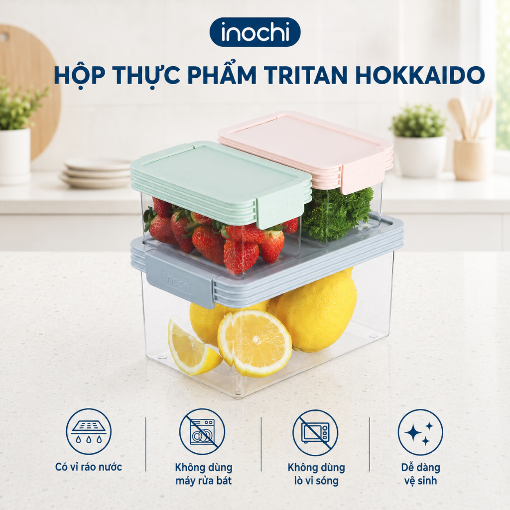 Hộp thực phẩm Tritan chữ nhật Hokkaido 500-1000-2000-3500và 5L,Chính hãng INOCHI,Tiêu chuẩn nhật bản