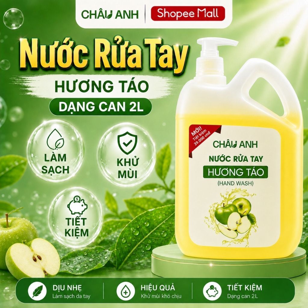 Nước Rửa Tay CHÂU ANH Hương Táo, Gel Làm Sạch Da Tay, Diệt Khuẩn, Khử Mùi Dùng Cho Nhà Hàng Văn Phòng, Can 2 Lít
