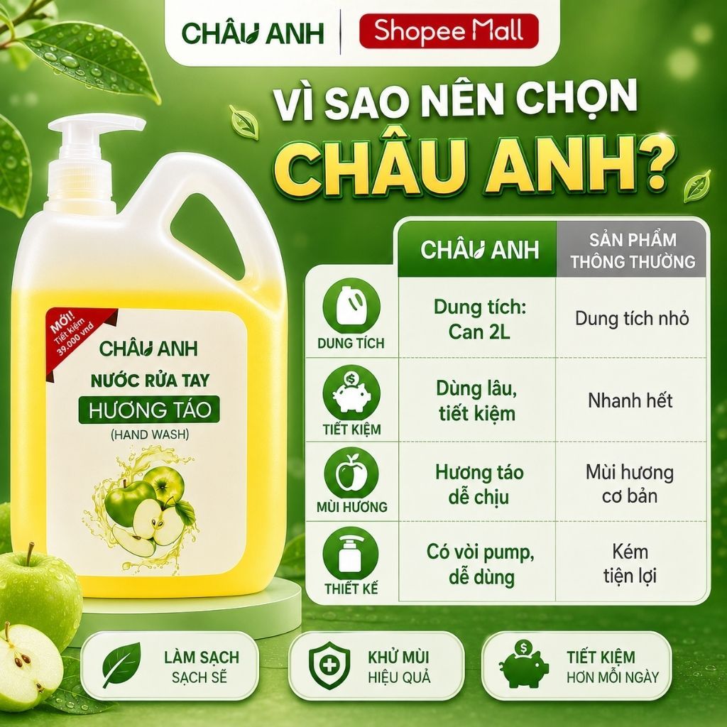 Nước Rửa Tay CHÂU ANH Hương Táo, Gel Làm Sạch Da Tay, Diệt Khuẩn, Khử Mùi Dùng Cho Nhà Hàng Văn Phòng, Can 2 Lít