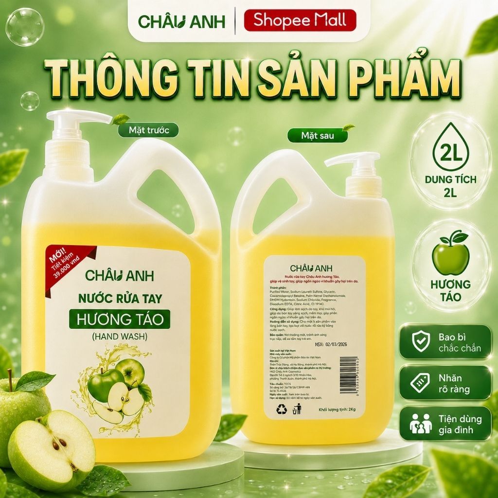 Nước Rửa Tay CHÂU ANH Hương Táo, Gel Làm Sạch Da Tay, Diệt Khuẩn, Khử Mùi Dùng Cho Nhà Hàng Văn Phòng, Can 2 Lít