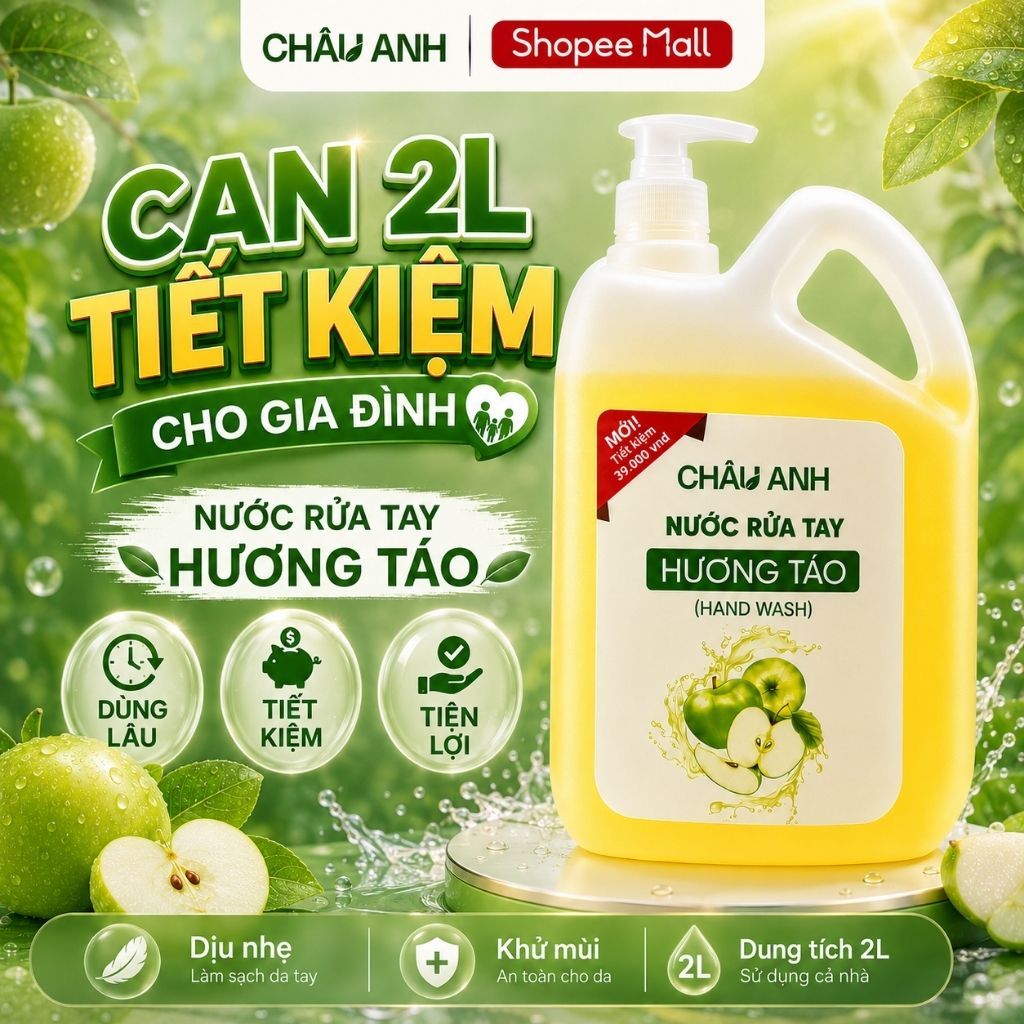 Nước Rửa Tay CHÂU ANH Hương Táo, Gel Làm Sạch Da Tay, Diệt Khuẩn, Khử Mùi Dùng Cho Nhà Hàng Văn Phòng, Can 2 Lít
