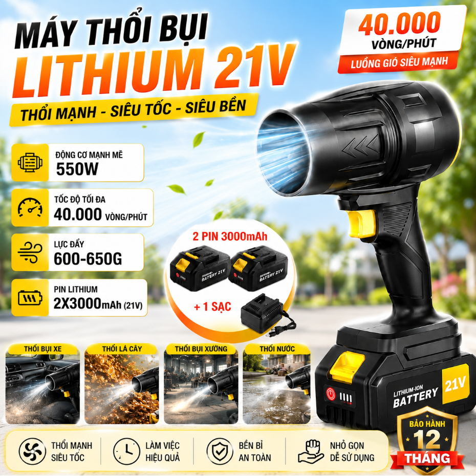 Máy Thổi Phản Lực Cầm Tay 21V Qimedo 550W-40000 Vòng/Phút,2 Pin 3000mAh,Thổi Lá Cây,Bụi Bẩn,Sân Vườn