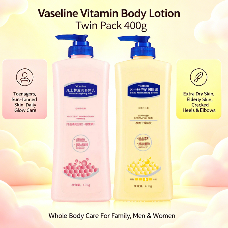 Gói đôi 400g Vaseline Vitamin Body Lotion, Vitamin E hydrating lotion cho tất cả nam giới phụ nữ da gia đình