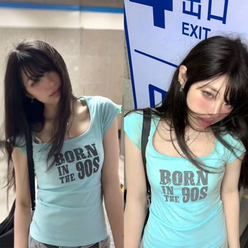 Áo thun ngắn tay cổ vuông màu xanh in chữ BORN thời trang nữ ATNT033 - Tiktitk
