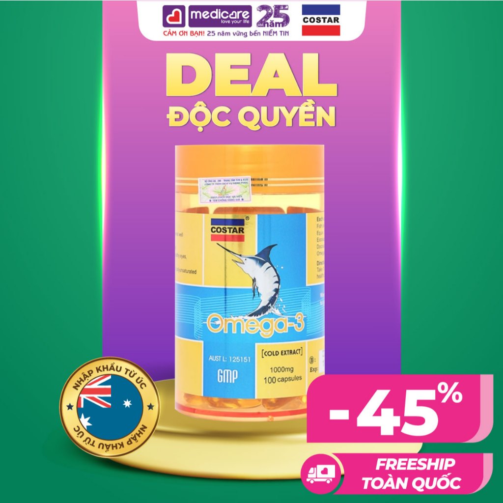Viên uống dầu cá COSTAR Omega3 hỗ trợ giảm mỡ máu, tốt cho tim mạch và mắt 1000mg hộp 100 viên