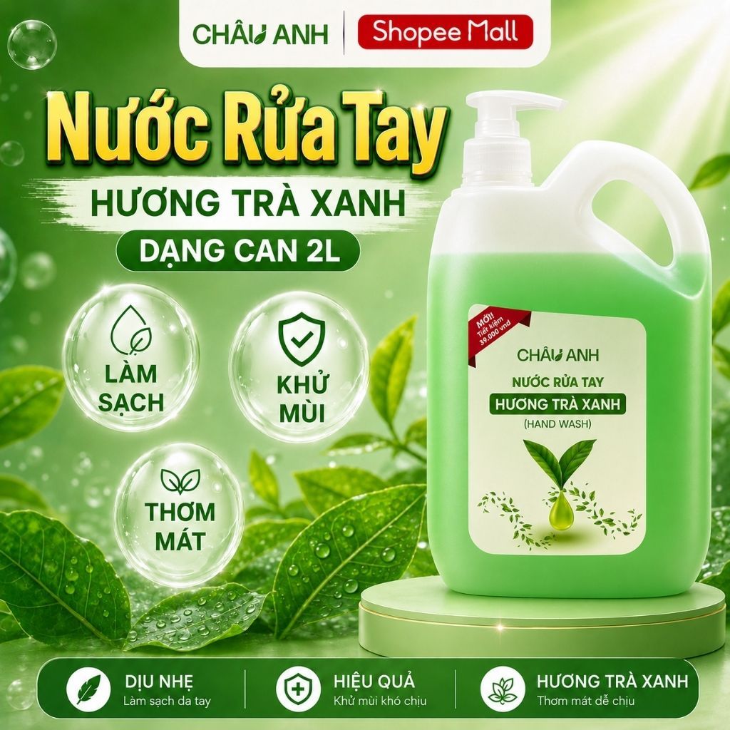 Nước Rửa Tay CHÂU ANH Hương Trà Xanh, Gel Làm Sạch Da Tay Dịu Nhẹ, An Toàn Cho Da, Dùng Cho Nhà Hàng Quán Ăn Can 2L