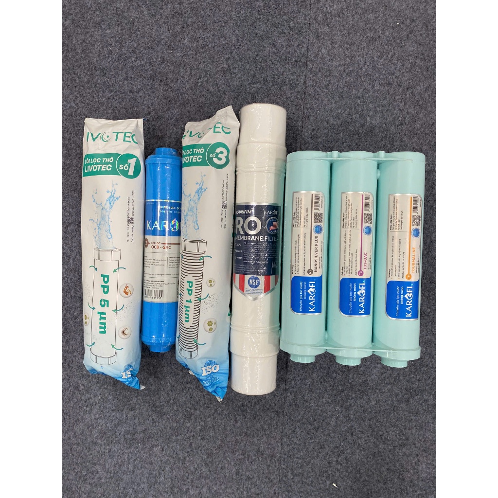 Combo 10 Lõi Lọc Karofi KAQ-C10 Gồm 123 (Lõi 2 Nhỏ) Livotec, Màng RO 100GPD Purifim Mỹ Và Bộ Hiệu Suất Cao Smax HP 6.2