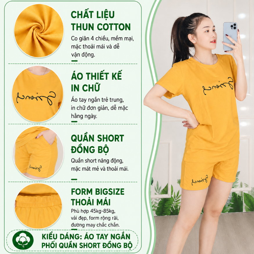 Đồ Bộ Nữ Mặc Nhà ESHOP Bigsize 43-85kg Thun Cotton Co Giãn, Áo Tay Ngắn Quần Đùi Mùa Hè
