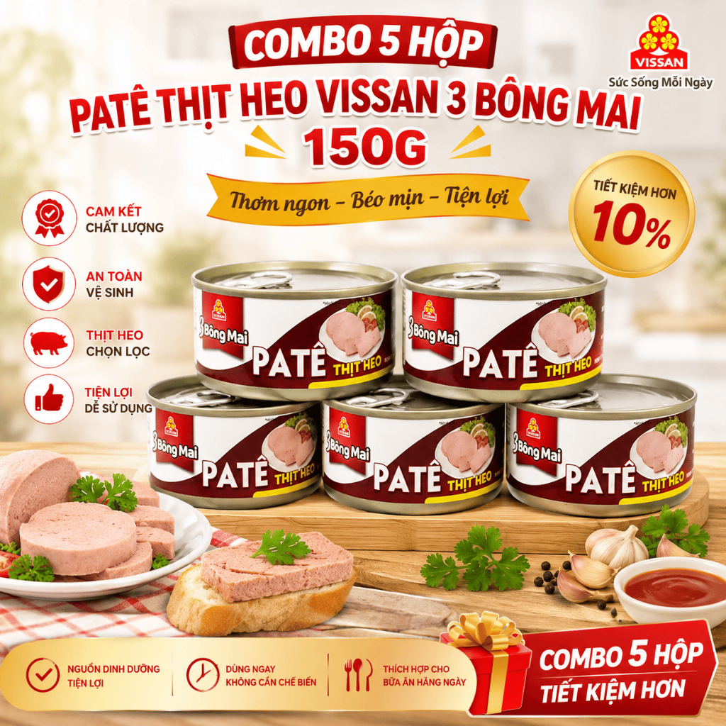 [Combo 5 Hộp] Patê Thịt 3 Bông Mai Vissan 150g – Chính Hãng Date 2028, HSD 36 Tháng, Tiện Lợi