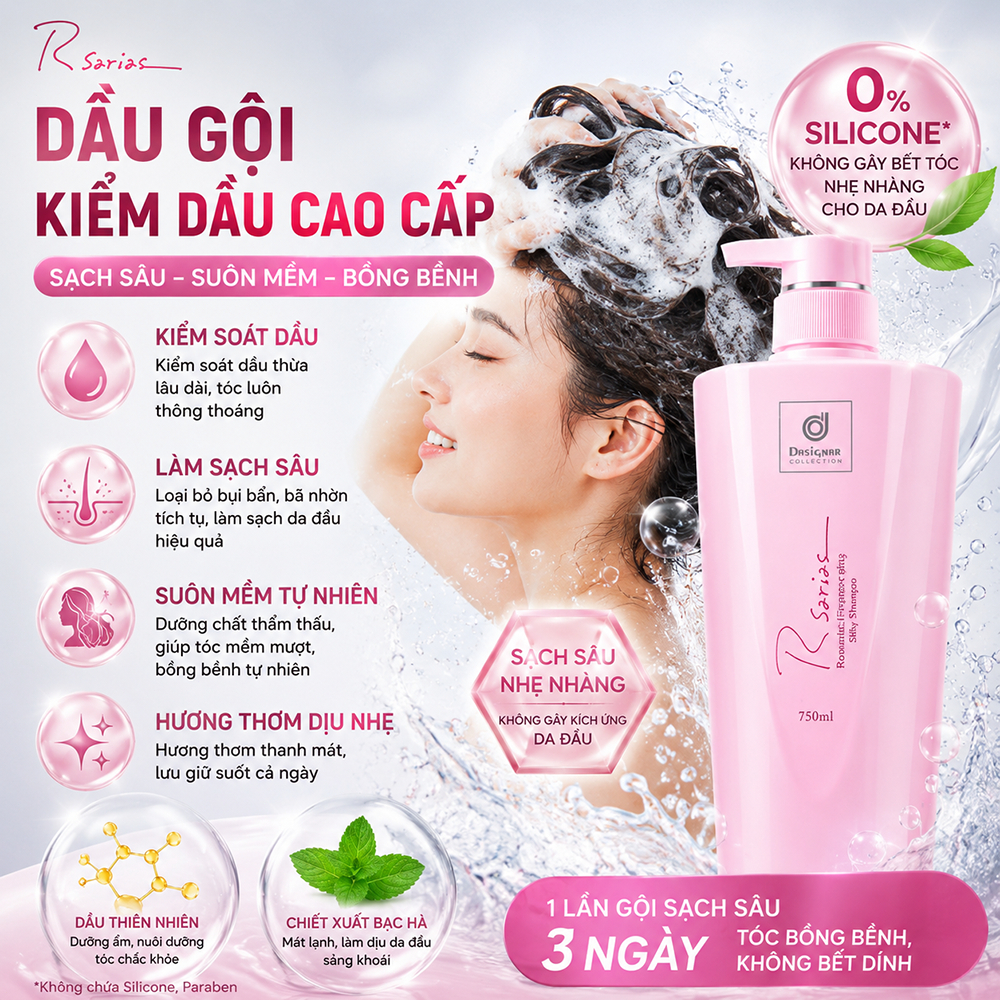 Rsarias Dầu gội chính hãng, làm sạch sâu cho tóc, giảm gàu và dầu thừa, giúp mái tóc bóng mượt, mềm mại và bồng bềnh