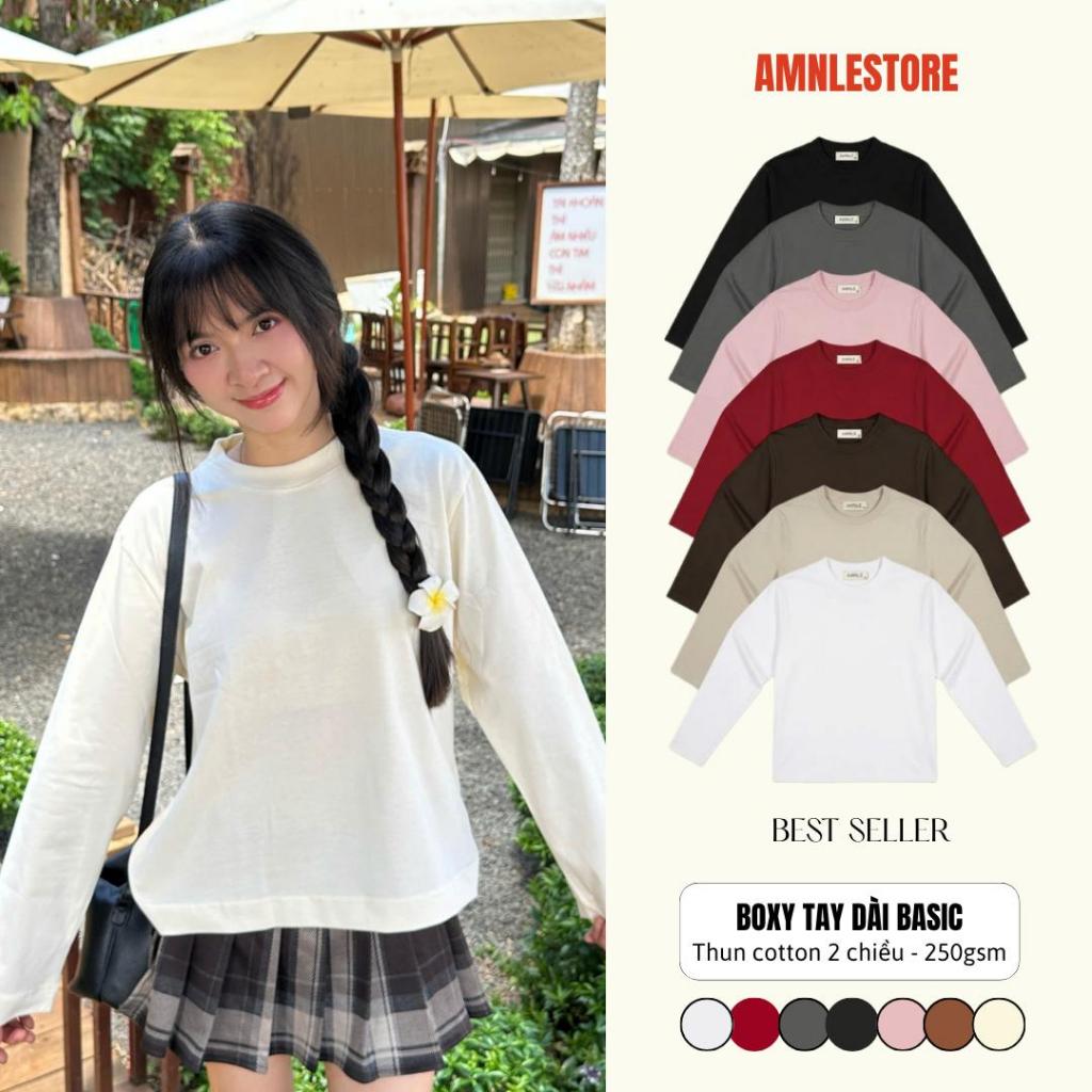 Áo thun cổ tròn Form BOXY TAY DÀI Amnle - Cotton co giãn 2 chiều Basic Women Top