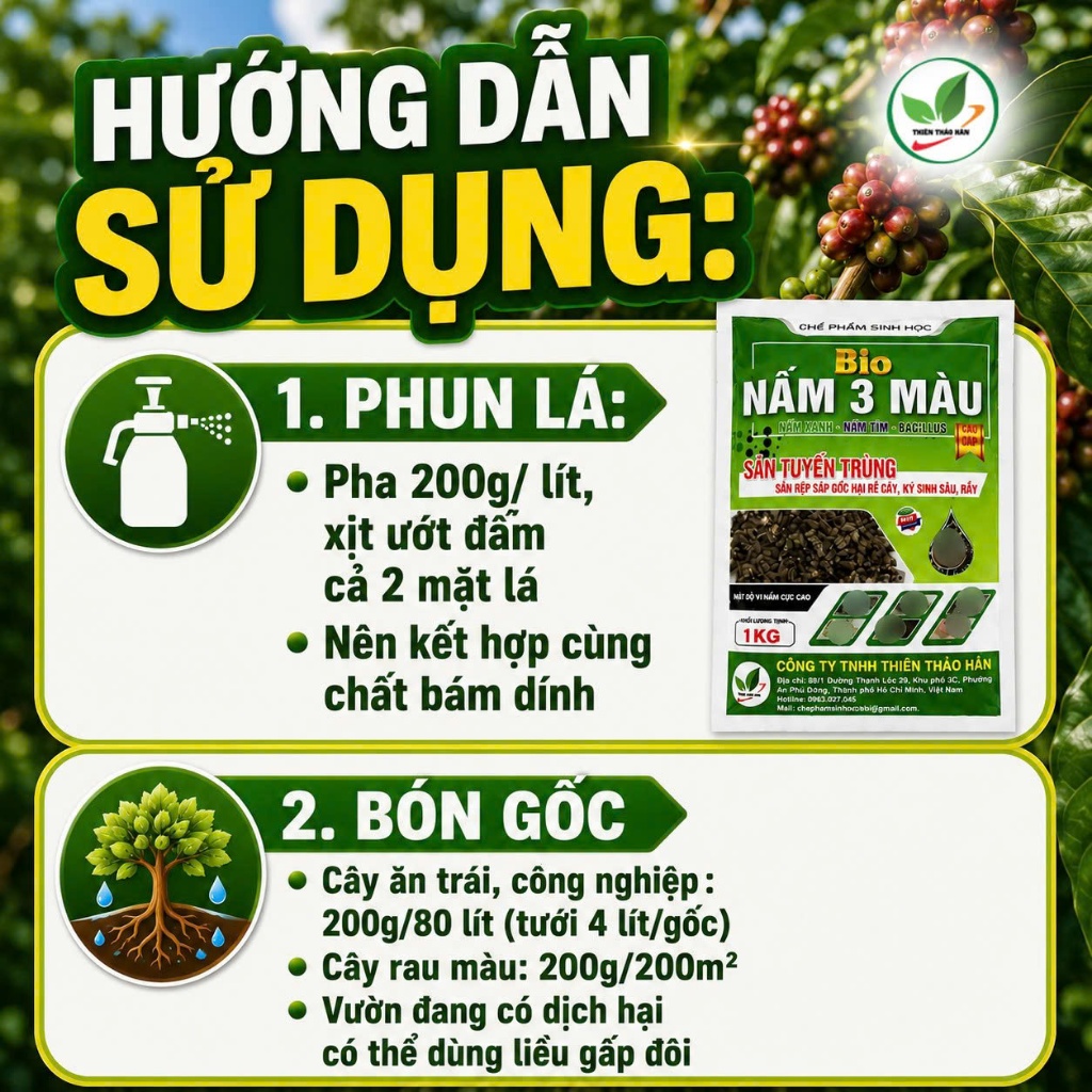 Nấm 3 Màu Sinh Học 200gr, 1kg | Diệt Tuyến Trùng, Sùng Đất, Ức Chế Nấm Bệnh Fusarium, Phytophthora, Kích Rễ Cải Tạo Đất