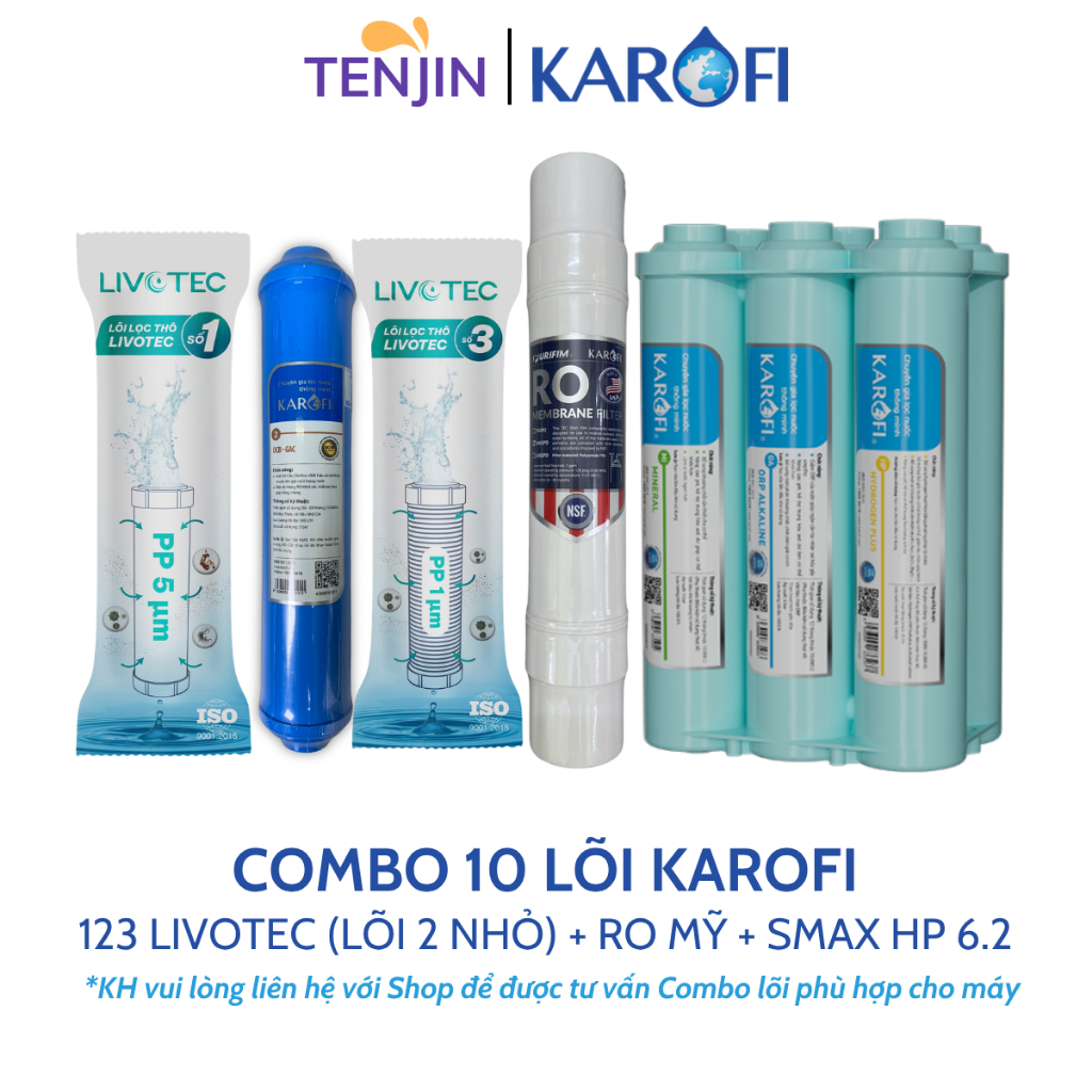 Combo 10 Lõi Lọc Karofi KAQ-C10 Gồm 123 (Lõi 2 Nhỏ) Livotec, Màng RO 100GPD Purifim Mỹ Và Bộ Hiệu Suất Cao Smax HP 6.2