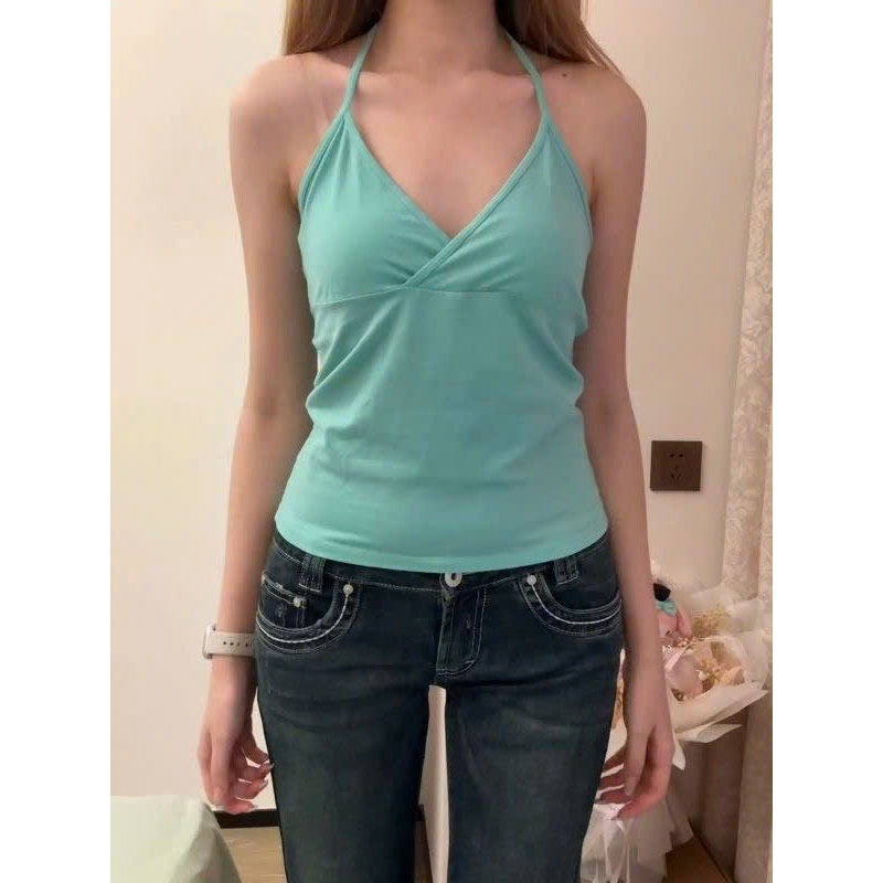(sẵn)Áo yếm trơn màu xanh tiffany blue cổ V chéo dáng vừa chất cotton ASN100 - Tiktik