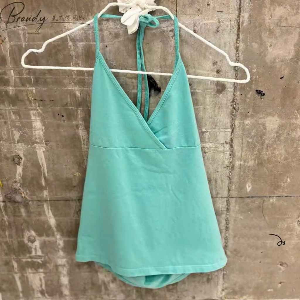 (sẵn)Áo yếm trơn màu xanh tiffany blue cổ V chéo dáng vừa chất cotton ASN100 - Tiktik