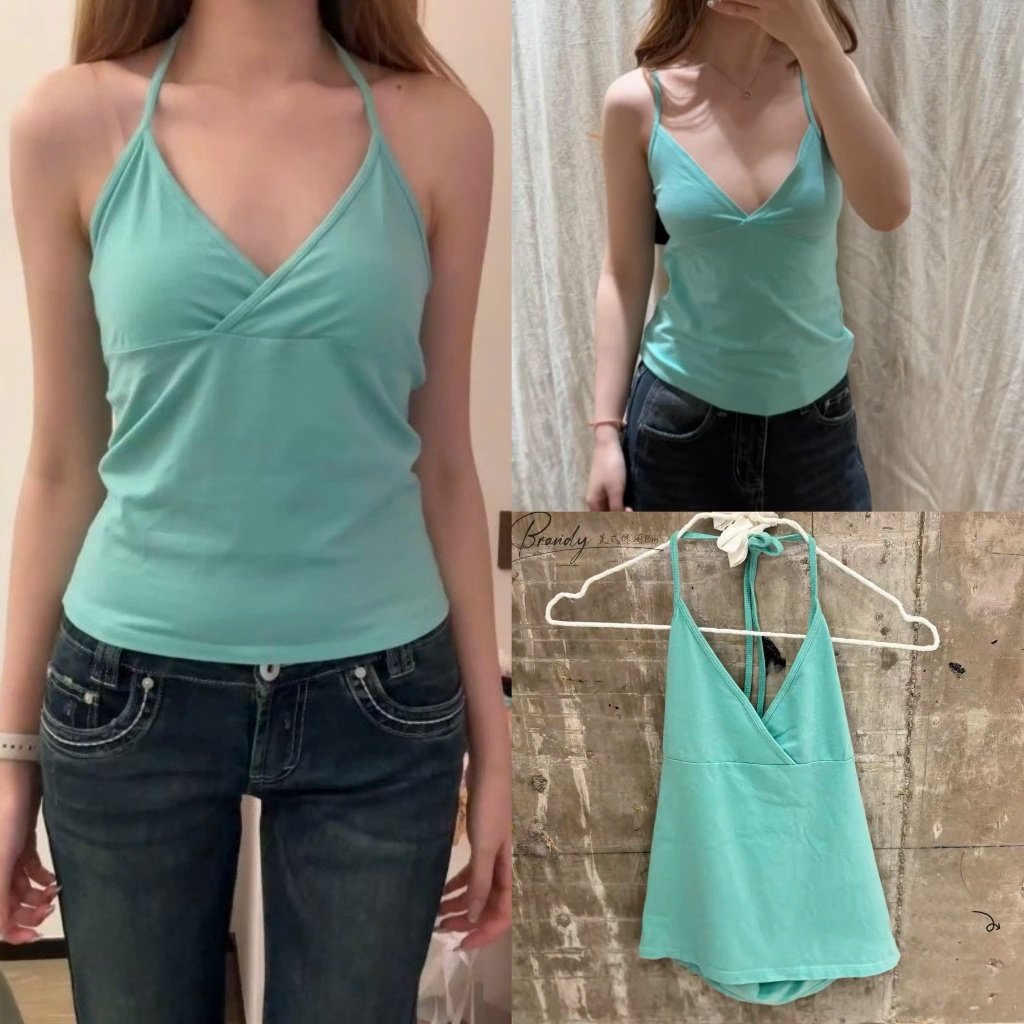 (sẵn)Áo yếm trơn màu xanh tiffany blue cổ V chéo dáng vừa chất cotton ASN100 - Tiktik