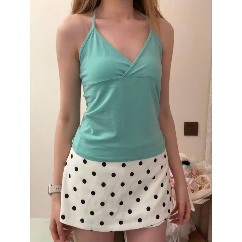 (sẵn)Áo yếm trơn màu xanh tiffany blue cổ V chéo dáng vừa chất cotton ASN100 - Tiktik