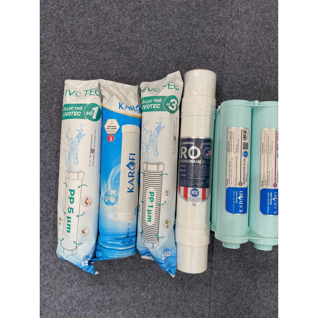 Bộ 10 Lõi Lọc Nước Karofi Sử Dụng 123 Livotev (Lõi 2 CTO Lưới) ,RO mỹ và HP6.2 Dung Cho Model KAQ-X39, KAD-D52