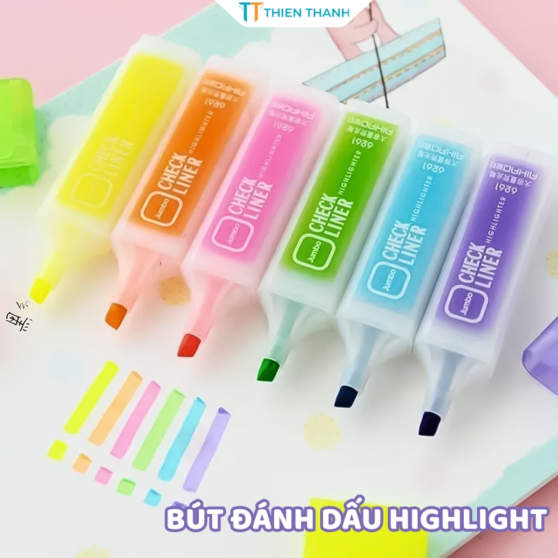 Bút Highlight 6 Màu, Bút Đánh Dấu Bút Nhớ Bài Dạ Quang Đầu Vát Xéo Nét Không Lem