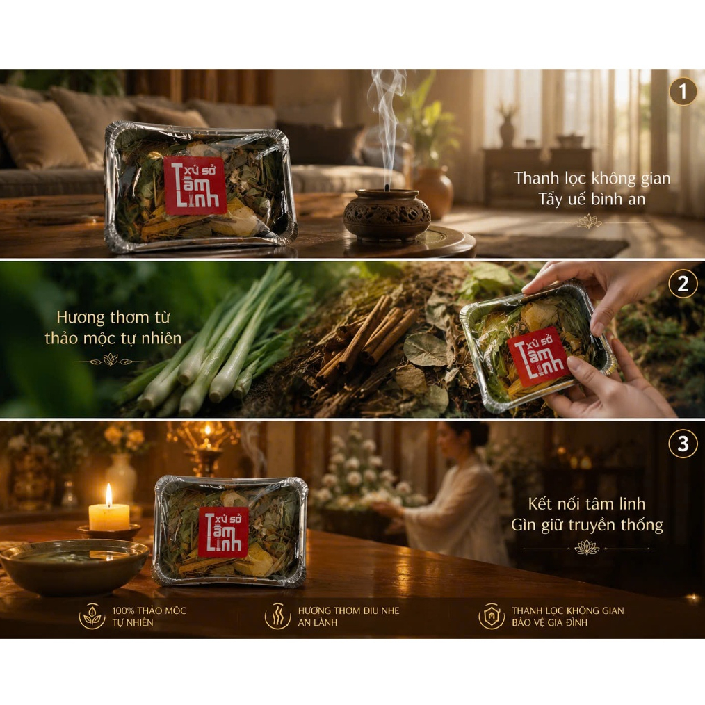 Thảo Dược Xông Nhà Xứ Sở Tâm Linh - Combo Tẩy Uế, Xả Xui, Nhập Trạch, Đốt Phong Long, Thu Hút Tài Lộc Có Sẵn Khay Đựng