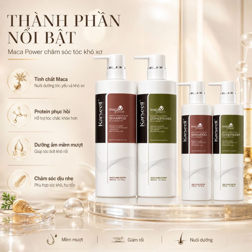Combo Gội Xả Collagen KARSEELL Maca 500ml - 800ml Hỗ Trợ Phục Hồi Tóc Khô Xơ,Giảm Gãy Rụng, Mềm Mượt