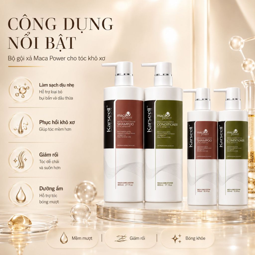 Combo Gội Xả Collagen KARSEELL Maca 500ml - 800ml Hỗ Trợ Phục Hồi Tóc Khô Xơ,Giảm Gãy Rụng, Mềm Mượt