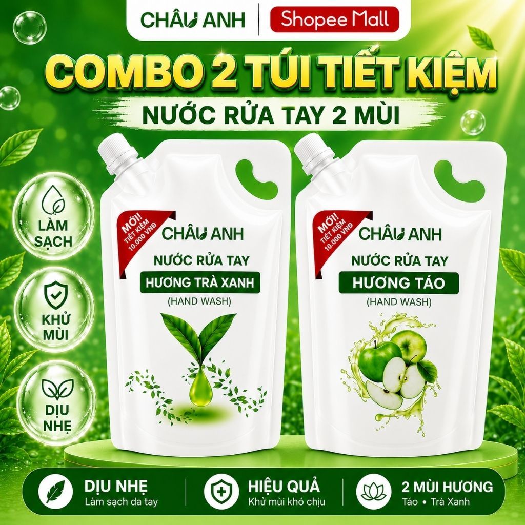 Combo 2 Túi Nước Rửa Tay CHÂU ANH, Gel Làm Sạch Da Tay Thơm Lâu, Sạch Khuẩn Dùng Cho Nhà Hàng Quán Ăn